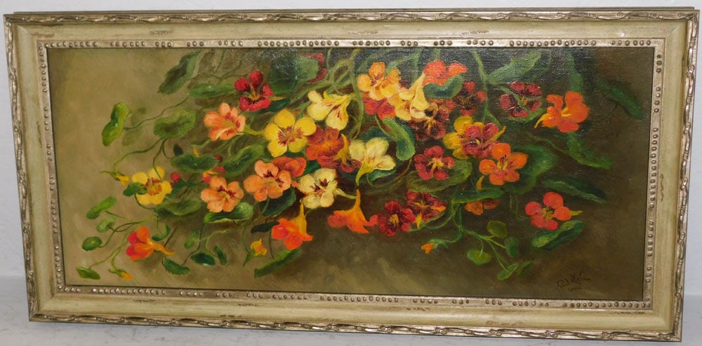Antique Oil on Masonite Board Still Life of Nasturtium Flowers Artist Signed: Antique Oil on Masonite Board Still Life of Nasturtium Flowers Artist Signed. 31" x 15" ALL DESCRIPTIONS AND ANY CONDITION STATEMENT GIVEN BY LANGSTON AUCTION GALLERY ARE STRICTLY OPINIONS AND