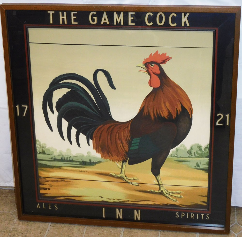 Large Vintage The Game Cock Inn Tavern Sign in Enclosed Frame: Large Vintage The Game Cock Inn Tavern Sign in Enclosed Frame . 34 1/2" x 36" ALL DESCRIPTIONS AND ANY CONDITION STATEMENT GIVEN BY LANGSTON AUCTION GALLERY ARE STRICTLY OPINIONS AND LANGSTON'S SHALL 