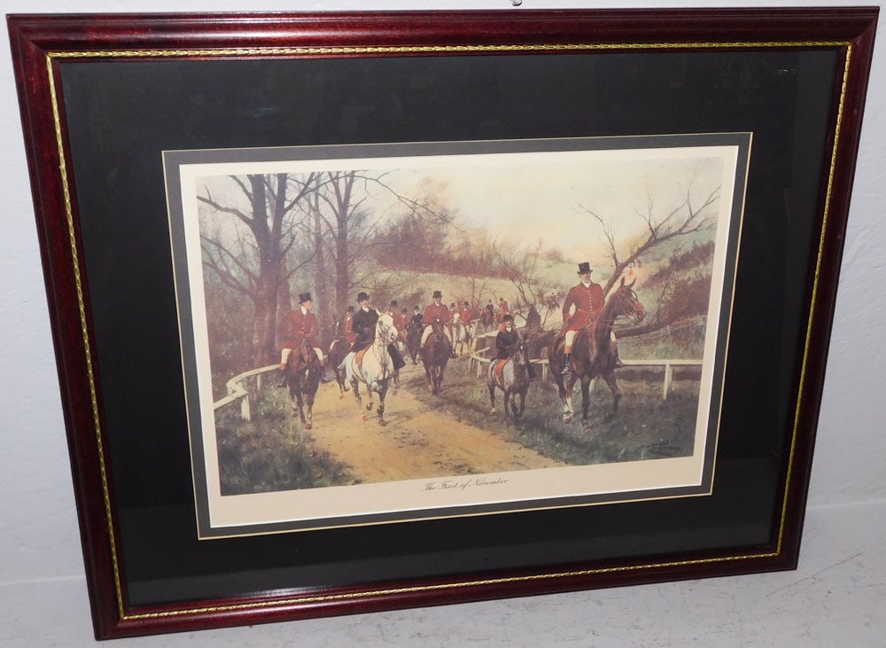 Framed Fox Hunt Print Entitled "The First of November": Framed Fox Hunt Print Entitled "The First of November". 30" x 25" ALL DESCRIPTIONS AND ANY CONDITION STATEMENT GIVEN BY LANGSTON AUCTION GALLERY ARE STRICTLY OPINIONS AND LANGSTON'S SHALL HAVE NO