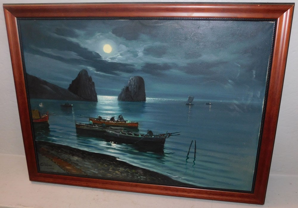 Framed Oil on Canvas Moon Light Ocean Scene Artist Signed: Framed Oil on Canvas Moon Light Ocean Scene Artist Signed . 22 3/4" x 30 3/4" ALL DESCRIPTIONS AND ANY CONDITION STATEMENT GIVEN BY LANGSTON AUCTION GALLERY ARE STRICTLY OPINIONS AND LANGSTON'S SHALL