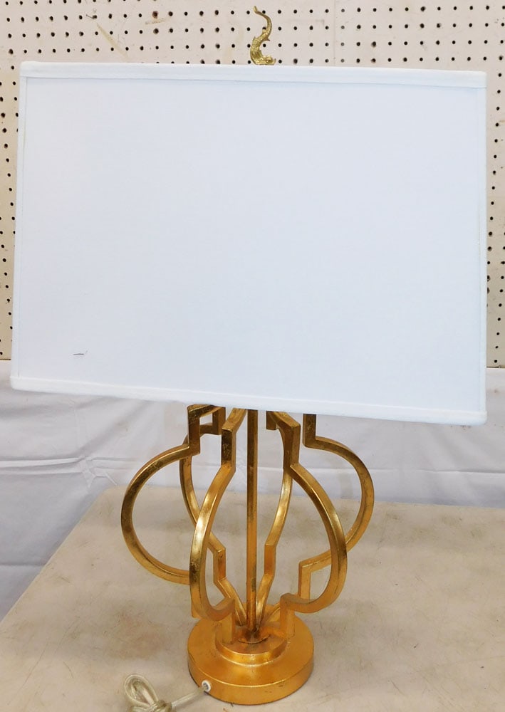 Gilded Metal Modern Lamp: Gilded Metal Modern Lamp. 30" H 18" W 11" D ALL DESCRIPTIONS AND ANY CONDITION STATEMENT GIVEN BY LANGSTON AUCTION GALLERY ARE STRICTLY OPINIONS AND LANGSTON'S SHALL HAVE NO RESPONSIBILITY FOR ERRORS
