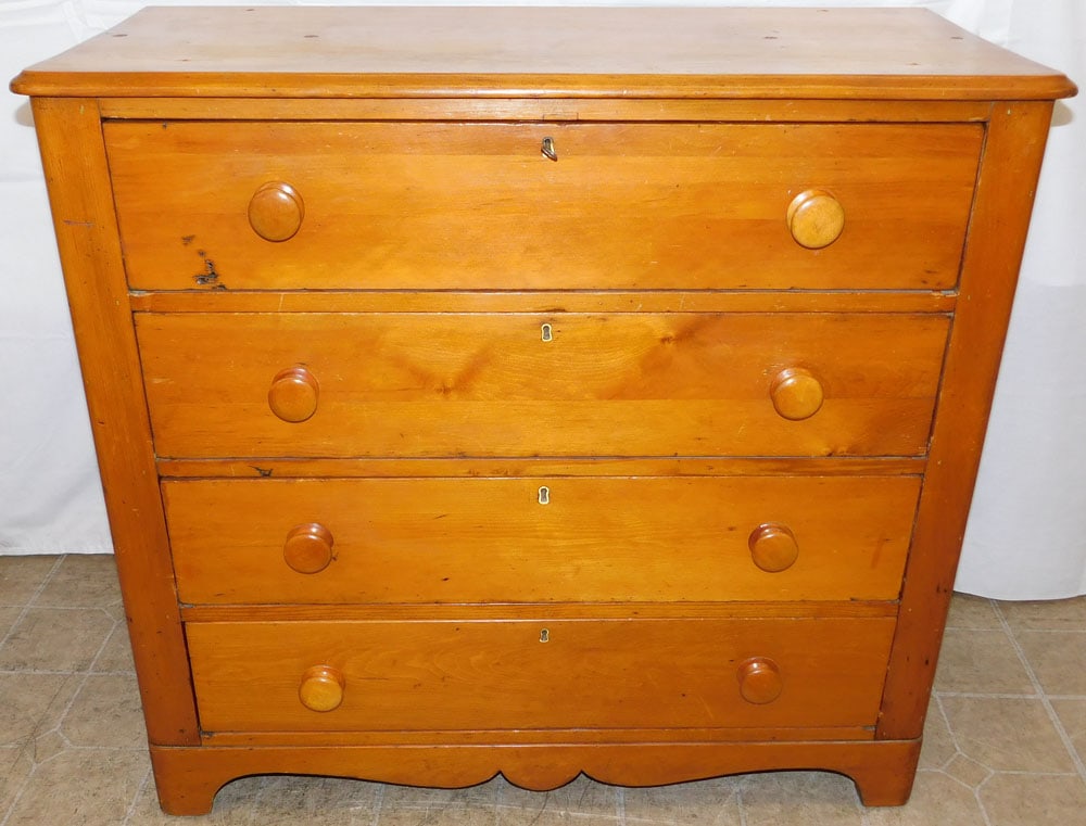 Antique Pine Four Drawer Cottage Chest: Antique Pine Four Drawer Cottage Chest . 35 1/2" H 38 1/2" W 17 1/4" D ALL DESCRIPTIONS AND ANY CONDITION STATEMENT GIVEN BY LANGSTON AUCTION GALLERY ARE STRICTLY OPINIONS AND LANGSTON'S SHALL HAVE NO