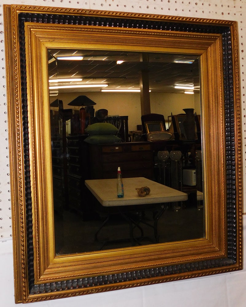 Gilded Frame Bevel Edge Mirror: Gilded Frame Bevel Edge Mirror . 34" x 29" ALL DESCRIPTIONS AND ANY CONDITION STATEMENT GIVEN BY LANGSTON AUCTION GALLERY ARE STRICTLY OPINIONS AND LANGSTON'S SHALL HAVE NO RESPONSIBILITY FOR ERRORS O