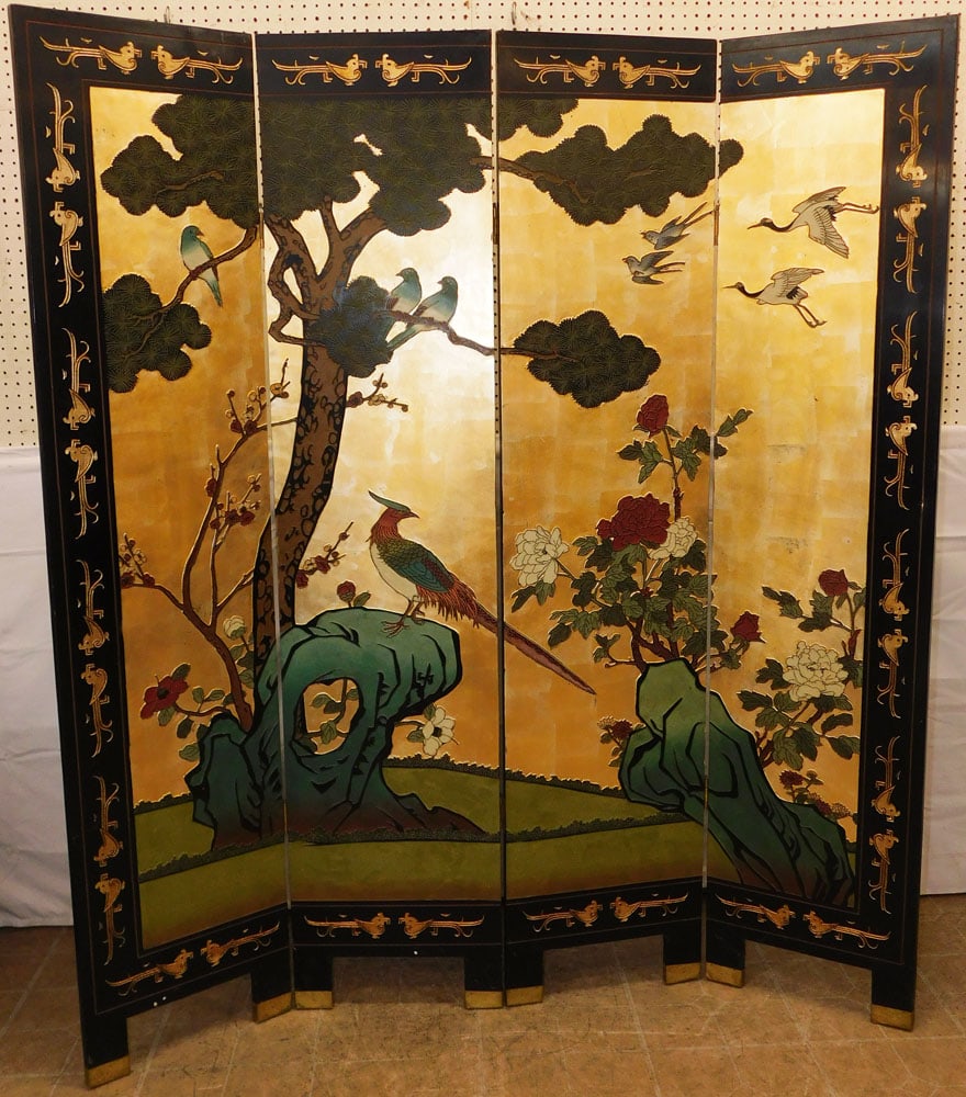 Oriental Paint Decorated Four Panel Room Divider with Bird Motif: Oriental Paint Decorated Four Panel Room Divider with Bird Motif . 72 1/4" H 65" W ALL DESCRIPTIONS AND ANY CONDITION STATEMENT GIVEN BY LANGSTON AUCTION GALLERY ARE STRICTLY OPINIONS AND LANGSTON'S S