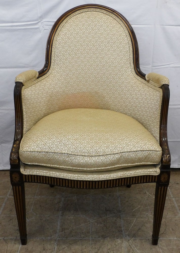 Antique Carved Walnut & Silk Bergere with Down Cushion by B. Altman & Co.: Antique Carved Walnut & Silk Bergere with Down Cushion by B. Altman & Co.. 38" H 25" W 19" D ALL DESCRIPTIONS AND ANY CONDITION STATEMENT GIVEN BY LANGSTON AUCTION GALLERY ARE STRICTLY OPINIONS AND
