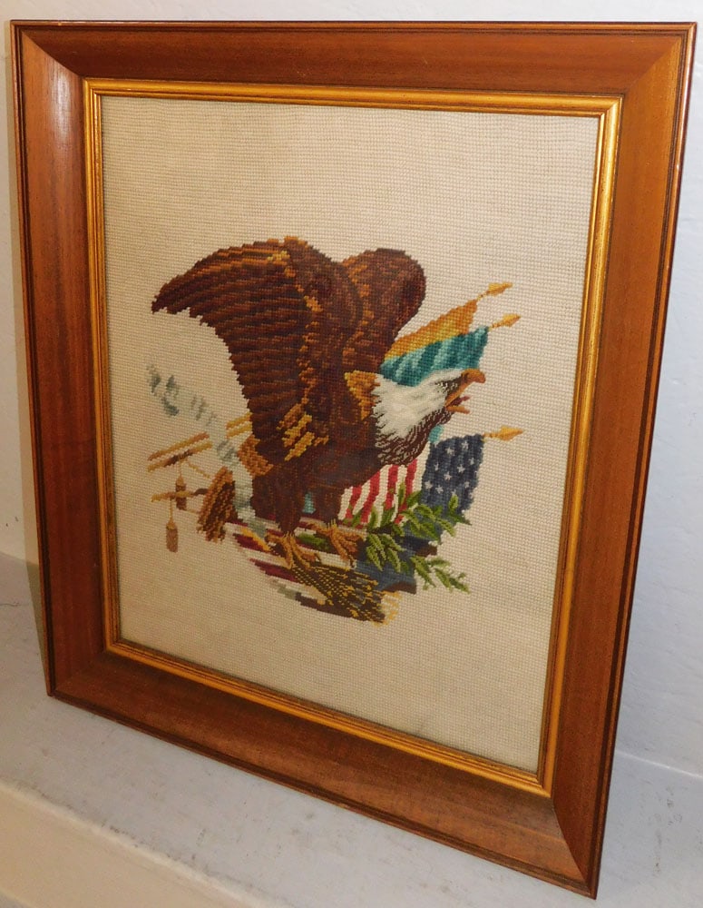 Framed Needlework with Eagle Motif: Framed Needlework with Eagle Motif . 24" x 20" ALL DESCRIPTIONS AND ANY CONDITION STATEMENT GIVEN BY LANGSTON AUCTION GALLERY ARE STRICTLY OPINIONS AND LANGSTON'S SHALL HAVE NO RESPONSIBILITY FOR ERRO