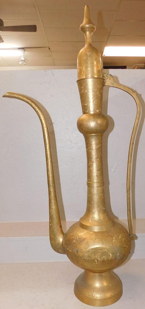 Large Palace Size Brass Ewer: Large Palace Size Brass Ewer . 49" H 20" W ALL DESCRIPTIONS AND ANY CONDITION STATEMENT GIVEN BY LANGSTON AUCTION GALLERY ARE STRICTLY OPINIONS AND LANGSTON'S SHALL HAVE NO RESPONSIBILITY FOR ERRORS O