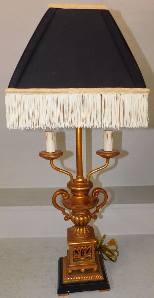 Gilded Resin Candelabra Lamp: Gilded Resin Candelabra Lamp. 33 1/2" H 13" Dia. ALL DESCRIPTIONS AND ANY CONDITION STATEMENT GIVEN BY LANGSTON AUCTION GALLERY ARE STRICTLY OPINIONS AND LANGSTON'S SHALL HAVE NO RESPONSIBILITY FOR ER