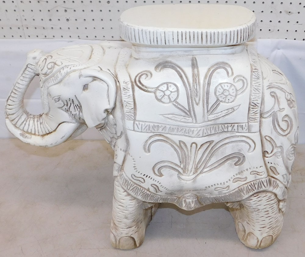 Painted Ceramic Elephant Garden Seat, (As Is): Painted Ceramic Elephant Garden Seat, (As Is). 21" H 25" W ALL DESCRIPTIONS AND ANY CONDITION STATEMENT GIVEN BY LANGSTON AUCTION GALLERY ARE STRICTLY OPINIONS AND LANGSTON'S SHALL HAVE NO RESPONSIBIL