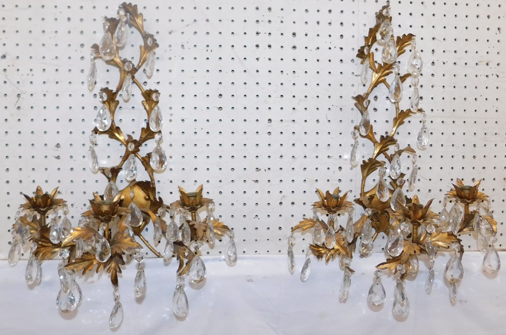 Pair of Gilded Metal & Crystal Prism Three Light Wall Sconces (1 of 5)