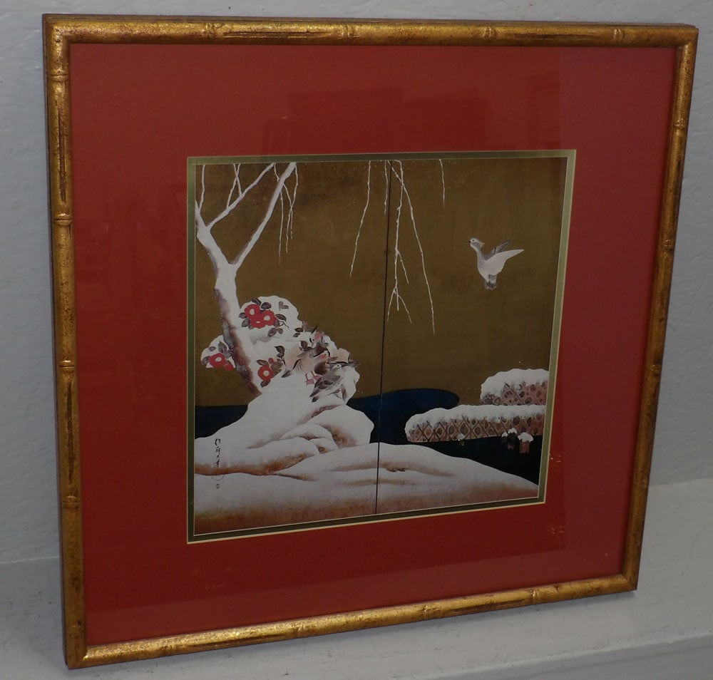 Faux Bamboo Gilded Frame Print of Oriental Mandarin Ducks in Snow: Faux Bamboo Gilded Frame Print of Oriental Mandarin Ducks in Snow. 23 1/4" x 23" ALL DESCRIPTIONS AND ANY CONDITION STATEMENT GIVEN BY LANGSTON AUCTION GALLERY ARE STRICTLY OPINIONS AND LANGSTON'S
