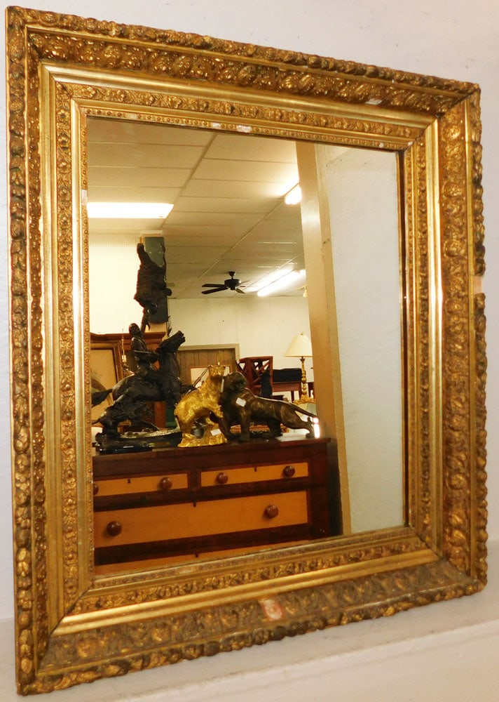 Antique Gilded Frame Mirror: Antique Gilded Frame Mirror . 31 1/4" x 27 1/2" ALL DESCRIPTIONS AND ANY CONDITION STATEMENT GIVEN BY LANGSTON AUCTION GALLERY ARE STRICTLY OPINIONS AND LANGSTON'S SHALL HAVE NO RESPONSIBILITY FOR ERR