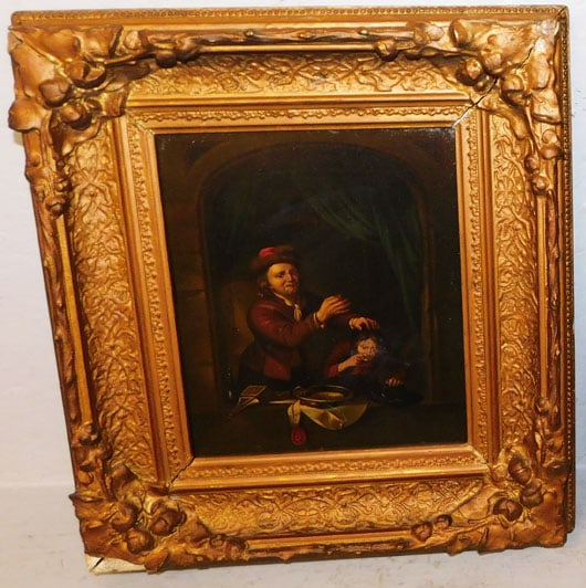 Framed Oil Painting on Tin of The Dentist: Framed Oil Painting on Tin of The Dentist . 16 1/2" x 15" ALL DESCRIPTIONS AND ANY CONDITION STATEMENT GIVEN BY LANGSTON AUCTION GALLERY ARE STRICTLY OPINIONS AND LANGSTON'S SHALL HAVE NO