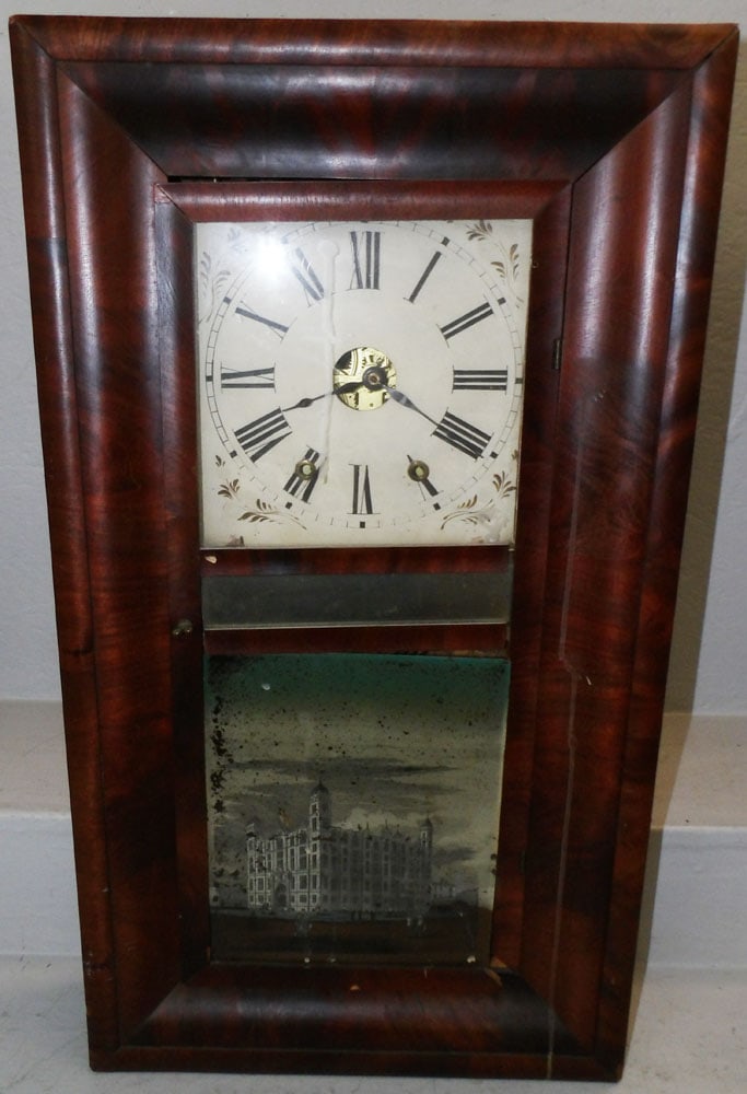 Antique Mahogany Ogee Mantel Clock with Reverse Painted Panel by Chauncey Jerome, New Haven (1 of 8)