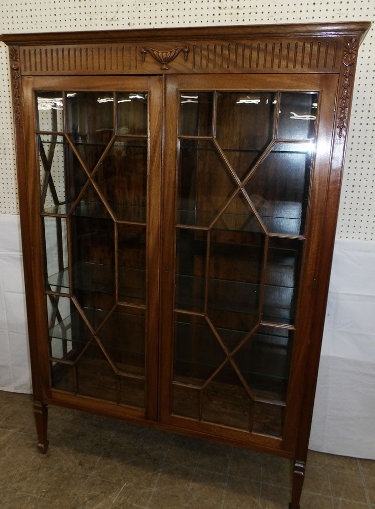 Mahogany Glass Door China Cabinet: Mahogany Glass Door China Cabinet . 72 1/2" H 50 1/4" W 16" D ALL DESCRIPTIONS AND ANY CONDITION STATEMENT GIVEN BY LANGSTON AUCTION GALLERY ARE STRICTLY OPINIONS AND LANGSTON'S SHALL HAVE NO