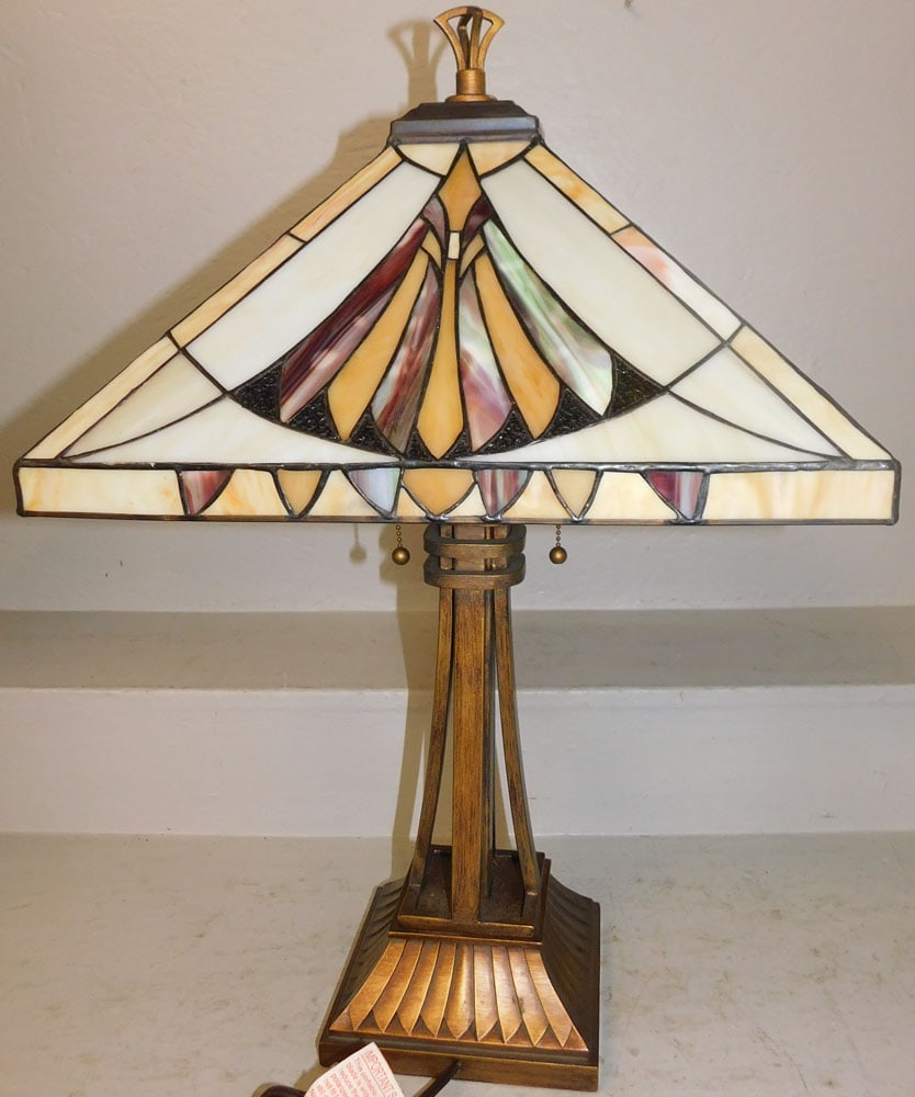 Stained Glass & Painted Metal Tiffany Style Lamp (1 of 4)
