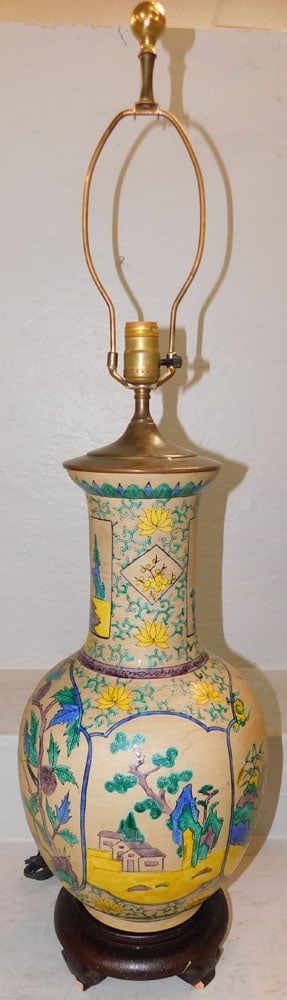 Painted Oriental Porcelain Vase Made Into Lamp: Painted Oriental Porcelain Vase Made Into Lamp . 36 1/2" H 9 1/2" Dia. ALL DESCRIPTIONS AND ANY CONDITION STATEMENT GIVEN BY LANGSTON AUCTION GALLERY ARE STRICTLY OPINIONS AND LANGSTON'S SHALL HAVE