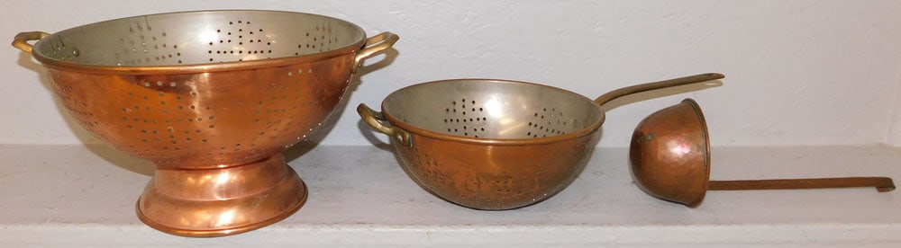Two Copper Strainers & Ladle: Two Copper Strainers & Ladle . Up to 7" L 14 1/2" W ALL DESCRIPTIONS AND ANY CONDITION STATEMENT GIVEN BY LANGSTON AUCTION GALLERY ARE STRICTLY OPINIONS AND LANGSTON'S SHALL HAVE NO RESPONSIBILITY