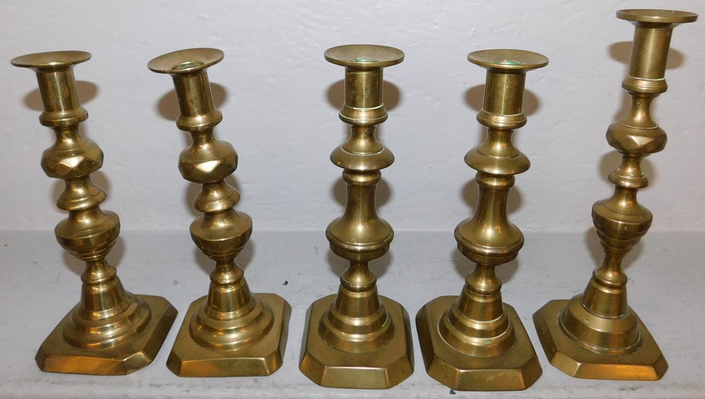 Lot of Five Antique Brass Push Up Candlesticks (1 of 3)