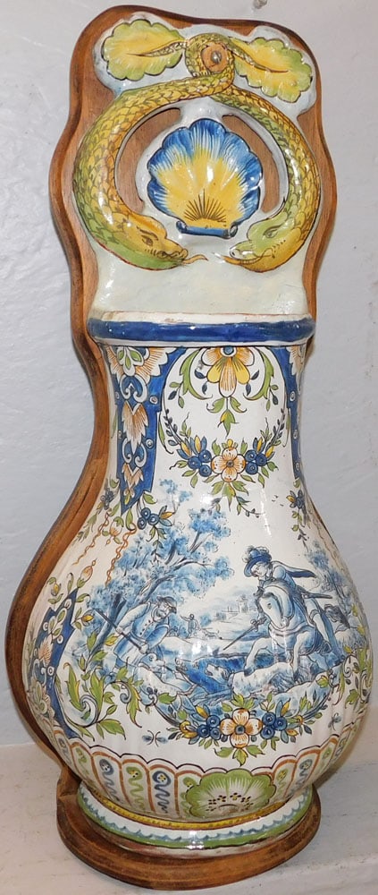 Antique Polychrome Lava Bowl on Walnut Support Shelf with Restoration: Antique Polychrome Lava Bowl on Walnut Support Shelf with Restoration . 23 3/4" H 11 1/4" W 7" D ALL DESCRIPTIONS AND ANY CONDITION STATEMENT GIVEN BY LANGSTON AUCTION GALLERY ARE STRICTLY OPINIONS