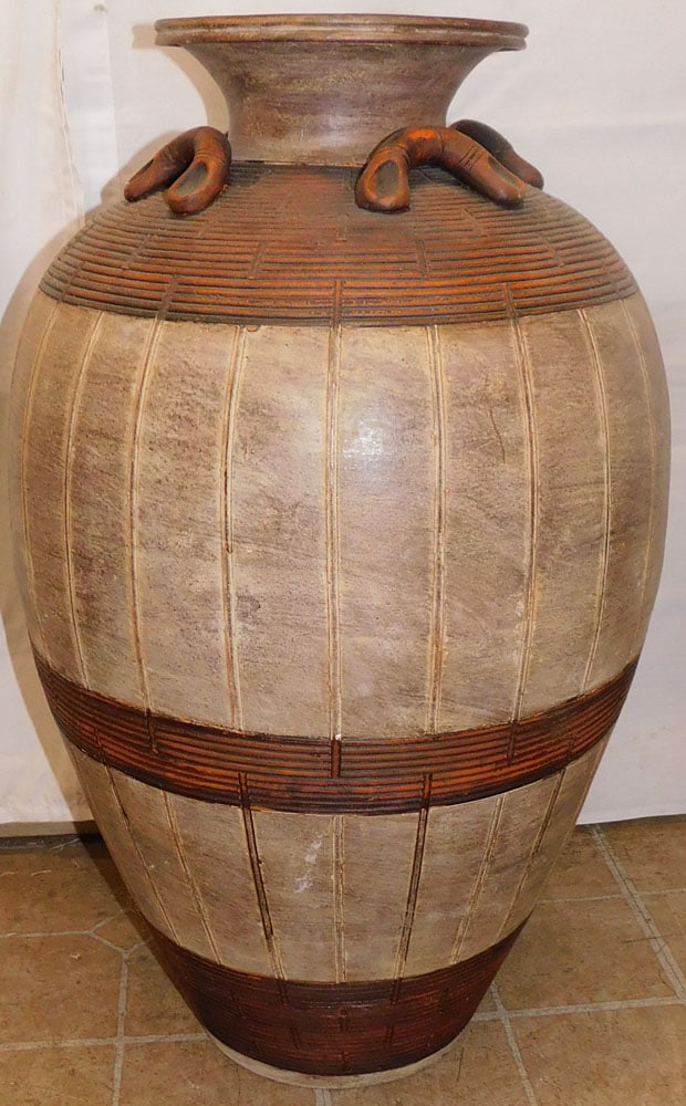 Large Painted Pottery Floor Vase: Large Painted Pottery Floor Vase. 28 1/2" H 16" Dia. ALL DESCRIPTIONS AND ANY CONDITION STATEMENT GIVEN BY LANGSTON AUCTION GALLERY ARE STRICTLY OPINIONS AND LANGSTON'S SHALL HAVE NO RESPONSIBILITY