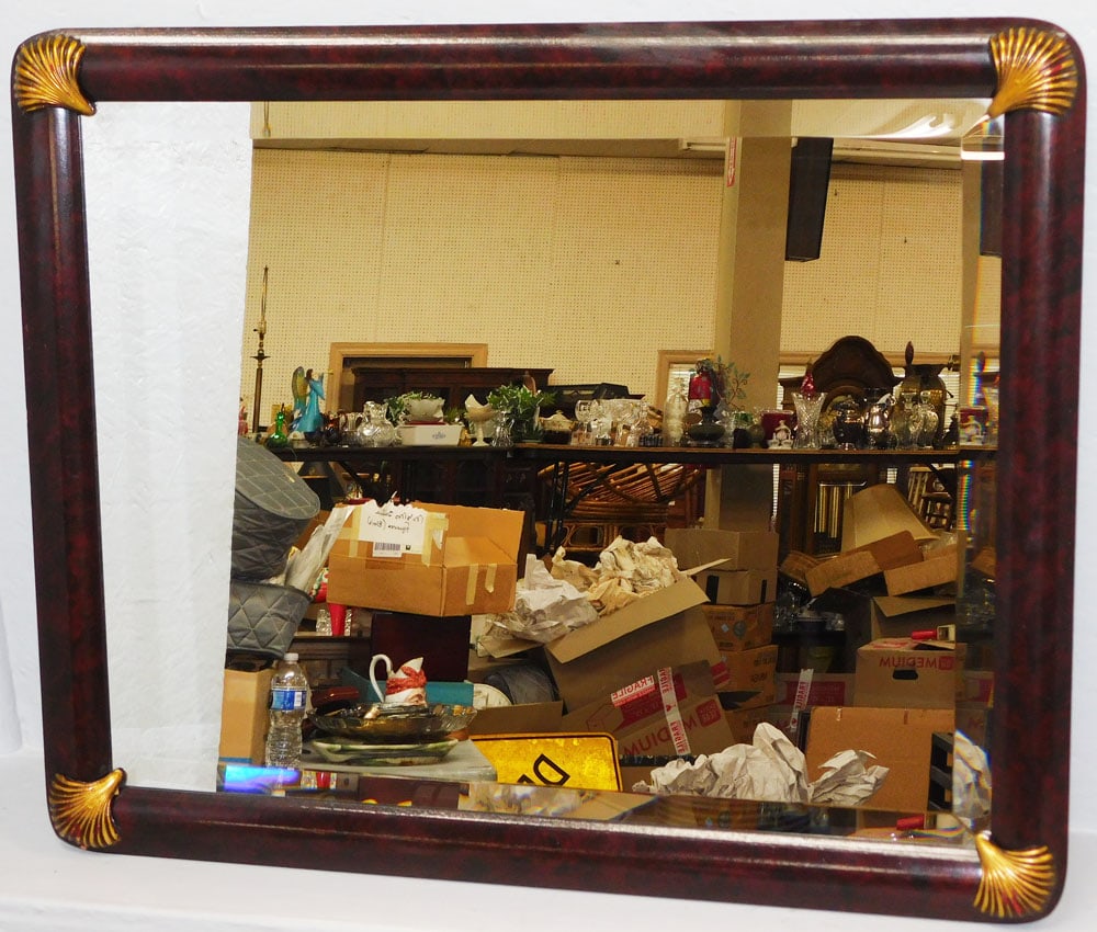 Gilded Shell Accent Burl Paint Decorated Bevel Edge Mirror: Gilded Shell Accent Burl Paint Decorated Bevel Edge Mirror . 26 1/2" x 31 1/2" ALL DESCRIPTIONS AND ANY CONDITION STATEMENT GIVEN BY LANGSTON AUCTION GALLERY ARE STRICTLY OPINIONS AND LANGSTON'S