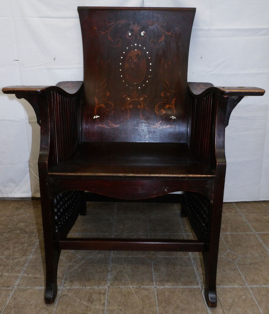 Mahogany Inlaid & Mother of Pearl Arm Chair: Mahogany Inlaid & Mother of Pearl Arm Chair . 37" H 26 3/4" W 24" D ALL DESCRIPTIONS AND ANY CONDITION STATEMENT GIVEN BY LANGSTON AUCTION GALLERY ARE STRICTLY OPINIONS AND LANGSTON'S SHALL HAVE NO RE