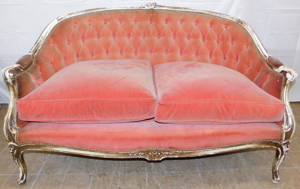 Antique Paint Distressed Carved Wood French Settee with Down Cushion: Antique Paint Distressed Carved Wood French Settee with Down Cushion. 35" H 57" W 32" D ALL DESCRIPTIONS AND ANY CONDITION STATEMENT GIVEN BY LANGSTON AUCTION GALLERY ARE STRICTLY OPINIONS AND