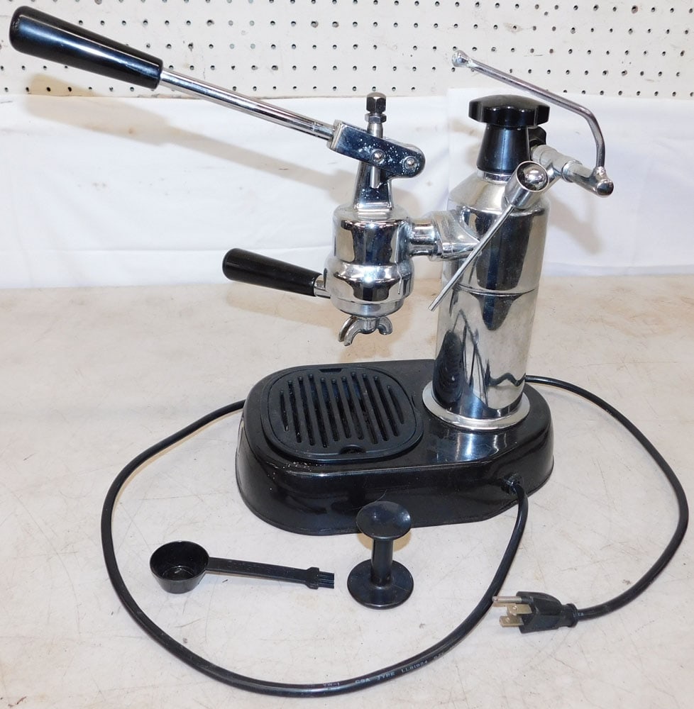 Chrome La Pavoni Espresso Machine: Chrome La Pavoni Espresso Machine. 12 3/4" H 9" W 15 1/2" D ALL DESCRIPTIONS AND ANY CONDITION STATEMENT GIVEN BY LANGSTON AUCTION GALLERY ARE STRICTLY OPINIONS AND LANGSTON'S SHALL HAVE NO