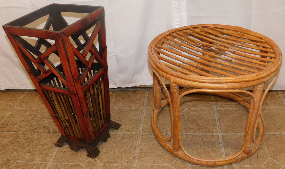 Rattan Umbrella Stand & Ottoman: Rattan Umbrella Stand & Ottoman . Up to 19" H 8 1/4" Dia. ALL DESCRIPTIONS AND ANY CONDITION STATEMENT GIVEN BY LANGSTON AUCTION GALLERY ARE STRICTLY OPINIONS AND LANGSTON'S SHALL HAVE NO RESPONSIBILI