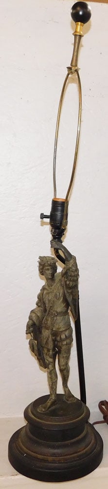 Antique Spelter Sculpture of Fisherman Made Into Lamp: Antique Spelter Sculpture of Fisherman Made Into Lamp. 34 1/4" H 7 3/4" Dia. ALL DESCRIPTIONS AND ANY CONDITION STATEMENT GIVEN BY LANGSTON AUCTION GALLERY ARE STRICTLY OPINIONS AND LANGSTON'S SHALL H