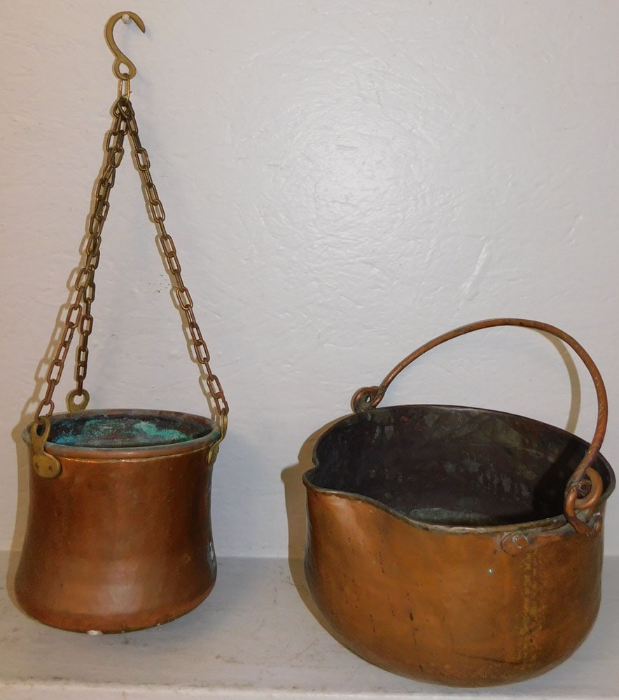 Two Antique Copper Buckets: Two Antique Copper Buckets . Up to 8 1/2" H 12 1/4" Dia. ALL DESCRIPTIONS AND ANY CONDITION STATEMENT GIVEN BY LANGSTON AUCTION GALLERY ARE STRICTLY OPINIONS AND LANGSTON'S SHALL HAVE NO
