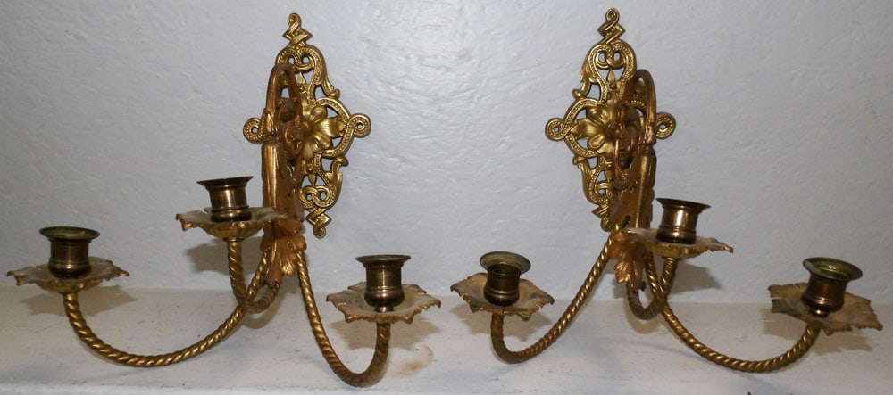 Pair of Three Light Gilded Brass Wall Sconces (1 of 4)