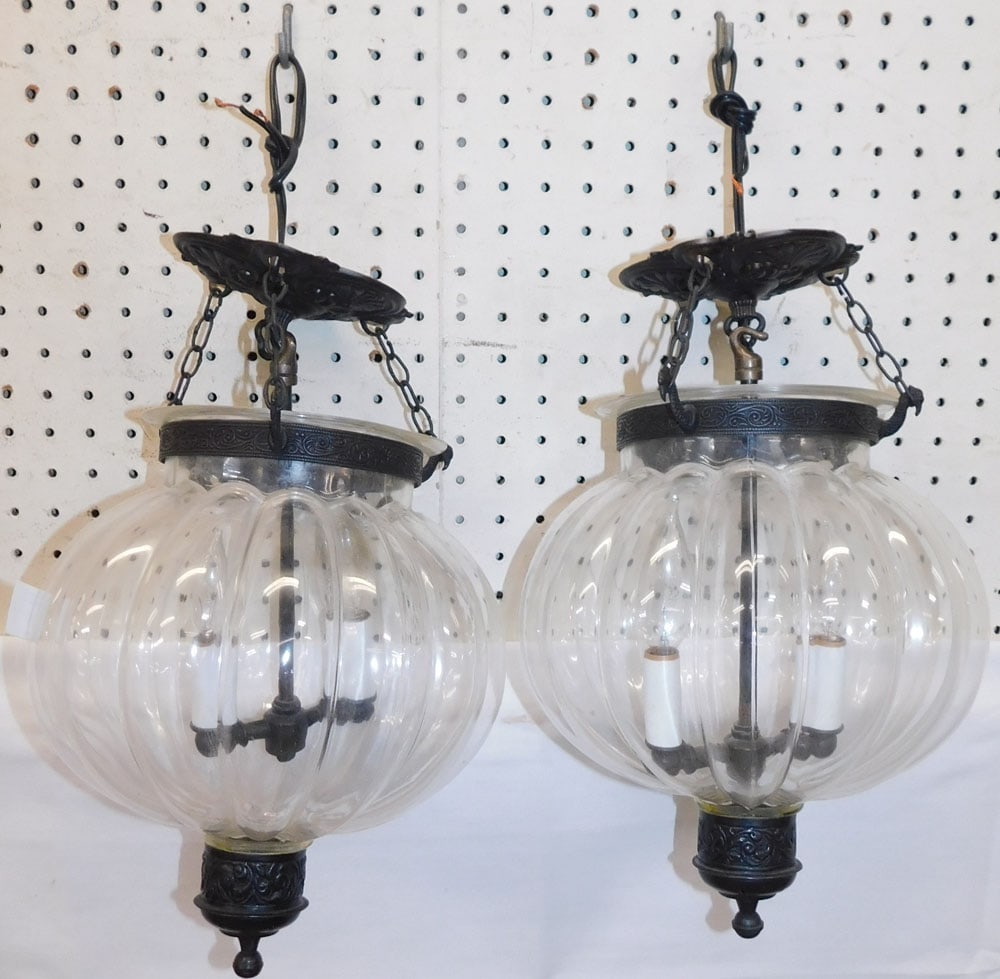 Two Glass & Bell Jar Form Lights: Two Glass & Bell Jar Form Lights . 15" H 9 1/2" Dia. ALL DESCRIPTIONS AND ANY CONDITION STATEMENT GIVEN BY LANGSTON AUCTION GALLERY ARE STRICTLY OPINIONS AND LANGSTON'S SHALL HAVE NO RESPONSIBILITY