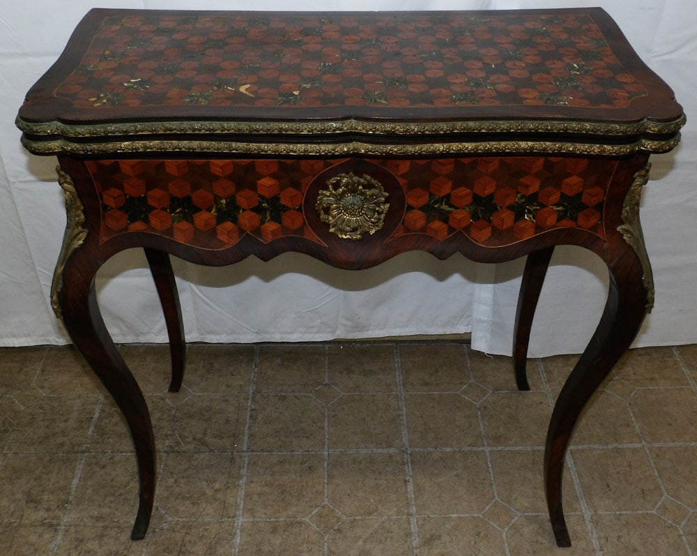 Antique French Rosewood Marquetry Inlaid Fold Over Top Game Table with Bronze Ormolu (1 of 11)
