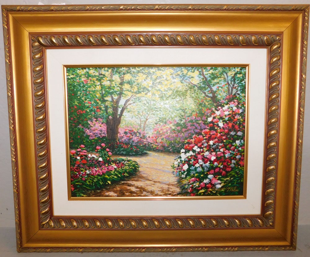 Gilded Frame Serigraph on Canvas Garden Scene by Schaefer Miles: Gilded Frame Serigraph on Canvas Garden Scene by Schaefer Miles. 22 3/4" x 27" ALL DESCRIPTIONS AND ANY CONDITION STATEMENT GIVEN BY LANGSTON AUCTION GALLERY ARE STRICTLY OPINIONS AND LANGSTON'S SHALL
