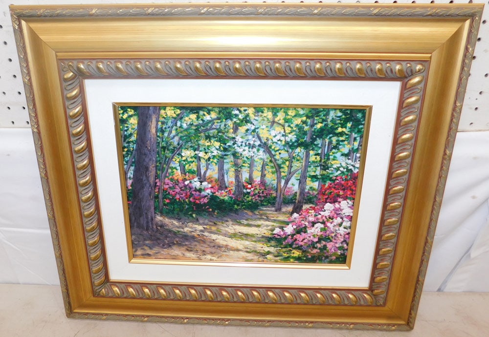 Gilded Frame Serigraph on Canvas Garden Scene by Schaefer Miles: Gilded Frame Serigraph on Canvas Garden Scene by Schaefer Miles. 21" x 25 1/2" ALL DESCRIPTIONS AND ANY CONDITION STATEMENT GIVEN BY LANGSTON AUCTION GALLERY ARE STRICTLY OPINIONS AND LANGSTON'S SHALL