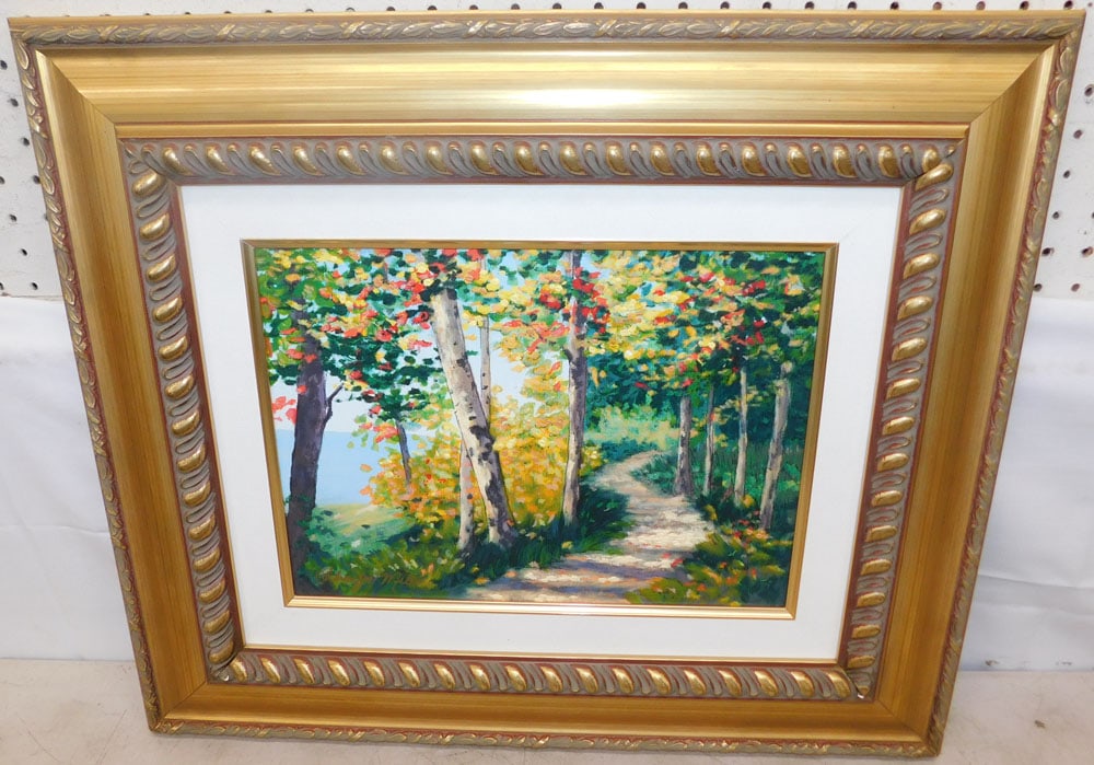 Gilded Frame Serigraph on Canvas Garden Scene by Schaefer Miles: Gilded Frame Serigraph on Canvas Garden Scene by Schaefer Miles. 21 1/4" x 25 1/2" ALL DESCRIPTIONS AND ANY CONDITION STATEMENT GIVEN BY LANGSTON AUCTION GALLERY ARE STRICTLY OPINIONS AND LANGSTON'S S