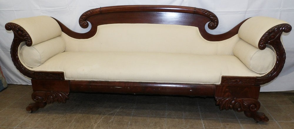Antique Carved Mahogany Federal Sofa: Antique Carved Mahogany Federal Sofa . 35 3/4" H 85" W 24" D ALL DESCRIPTIONS AND ANY CONDITION STATEMENT GIVEN BY LANGSTON AUCTION GALLERY ARE STRICTLY OPINIONS AND LANGSTON'S SHALL HAVE NO RESPONSIB