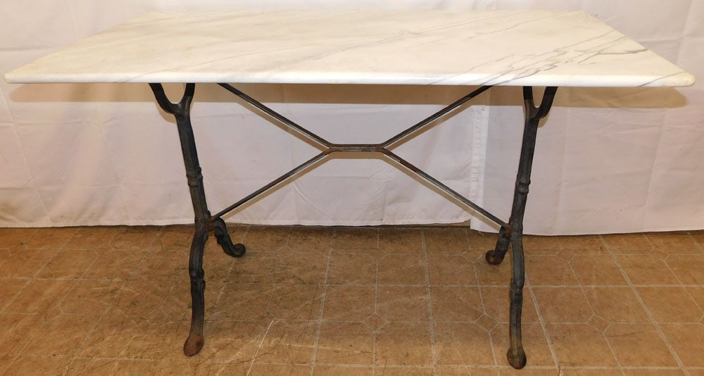 Painted Cast Iron & Marble Top Console: Painted Cast Iron & Marble Top Console . 29 3/4" H 47 1/4" W 23 1/2" D ALL DESCRIPTIONS AND ANY CONDITION STATEMENT GIVEN BY LANGSTON AUCTION GALLERY ARE STRICTLY OPINIONS AND LANGSTON'S SHALL HAVE