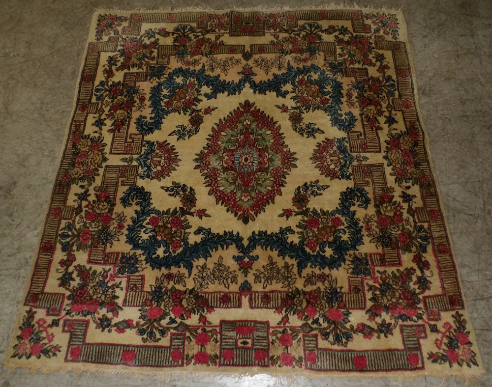 3' 10" x 4' 2" Antique Kerman Rug: 3' 10" x 4' 2" Antique Kerman Rug. ALL DESCRIPTIONS AND ANY CONDITION STATEMENT GIVEN BY LANGSTON AUCTION GALLERY ARE STRICTLY OPINIONS AND LANGSTON'S SHALL HAVE NO RESPONSIBILITY FOR ERRORS OR
