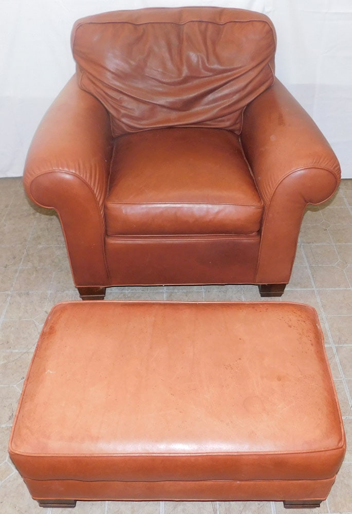 Leather Upholstered Chair & Ottoman by Sherill Furniture Co.: Leather Upholstered Chair & Ottoman by Sherill Furniture Co. . 34" H 41" W 38" D ALL DESCRIPTIONS AND ANY CONDITION STATEMENT GIVEN BY LANGSTON AUCTION GALLERY ARE STRICTLY OPINIONS AND LANGSTON'S