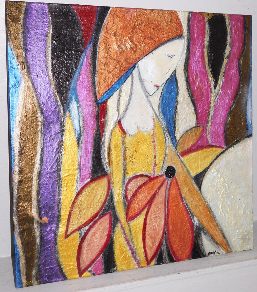 Mid Century Modern Acrylic on Canvas Abstract of a Woman Artist Signed: Mid Century Modern Acrylic on Canvas Abstract of a Woman Artist Signed. 30" x 30" ALL DESCRIPTIONS AND ANY CONDITION STATEMENT GIVEN BY LANGSTON AUCTION GALLERY ARE STRICTLY OPINIONS AND LANGSTON'S SH