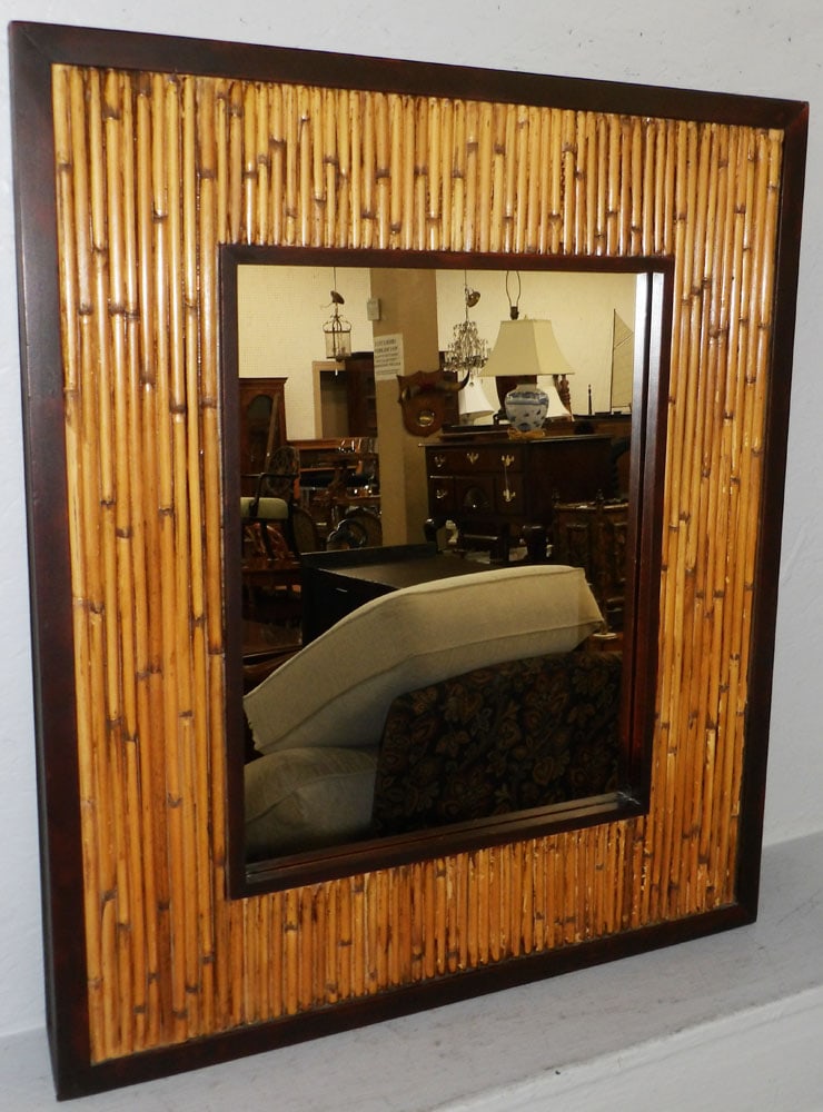 Framed Mid Century Modern Pencil Rattan & Wood Mirror (1 of 5)