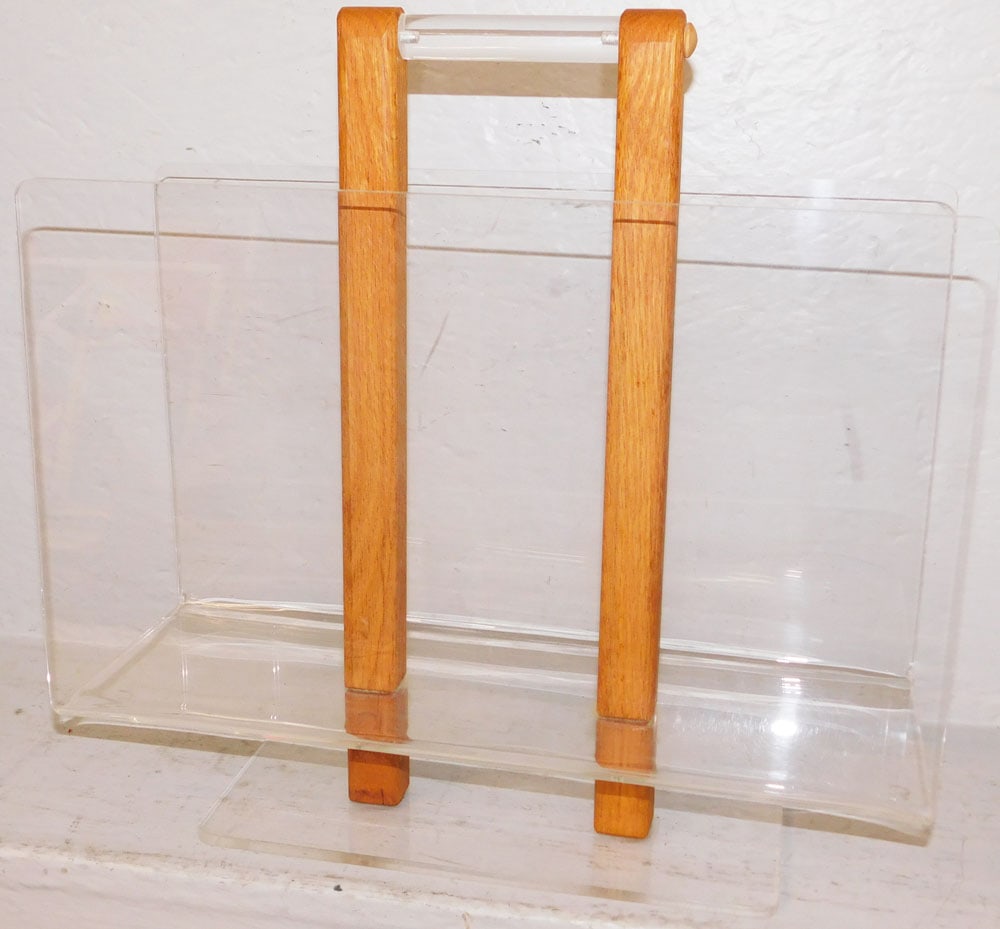 Mid Century Modern Lucite & Oak Double Sided Magazine Rack (1 of 4)