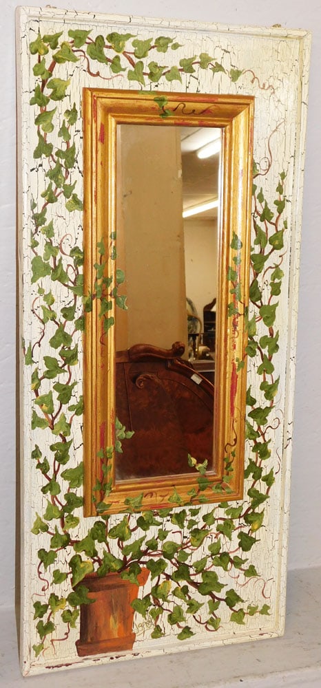 Distressed Paint Decorated Ivy Vine Plant Wood Mirror Artist Signed: Distressed Paint Decorated Ivy Vine Plant Wood Mirror Artist Signed. 33" x 15" ALL DESCRIPTIONS AND ANY CONDITION STATEMENT GIVEN BY LANGSTON AUCTION GALLERY ARE STRICTLY OPINIONS AND LANGSTON'S SHALL