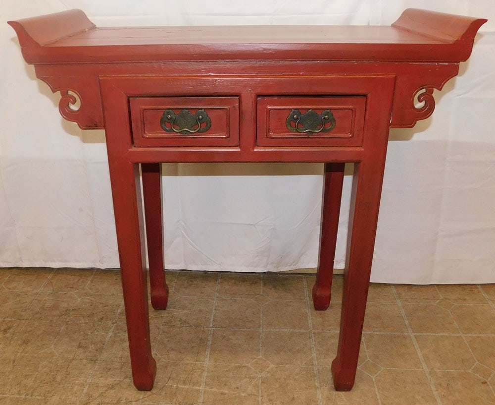 Oriental Red Lacquered Two Drawer Console: Oriental Red Lacquered Two Drawer Console . 36 1/4" H 35 1/2" W 16" D ALL DESCRIPTIONS AND ANY CONDITION STATEMENT GIVEN BY LANGSTON AUCTION GALLERY ARE STRICTLY OPINIONS AND LANGSTON'S SHALL HAVE NO 