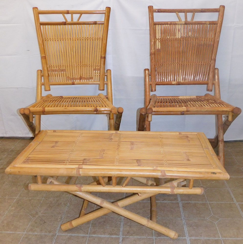Three Bamboo Folding Chairs: Three Bamboo Folding Chairs . 35" x 20" ALL DESCRIPTIONS AND ANY CONDITION STATEMENT GIVEN BY LANGSTON AUCTION GALLERY ARE STRICTLY OPINIONS AND LANGSTON'S SHALL HAVE NO RESPONSIBILITY FOR ERRORS OR O