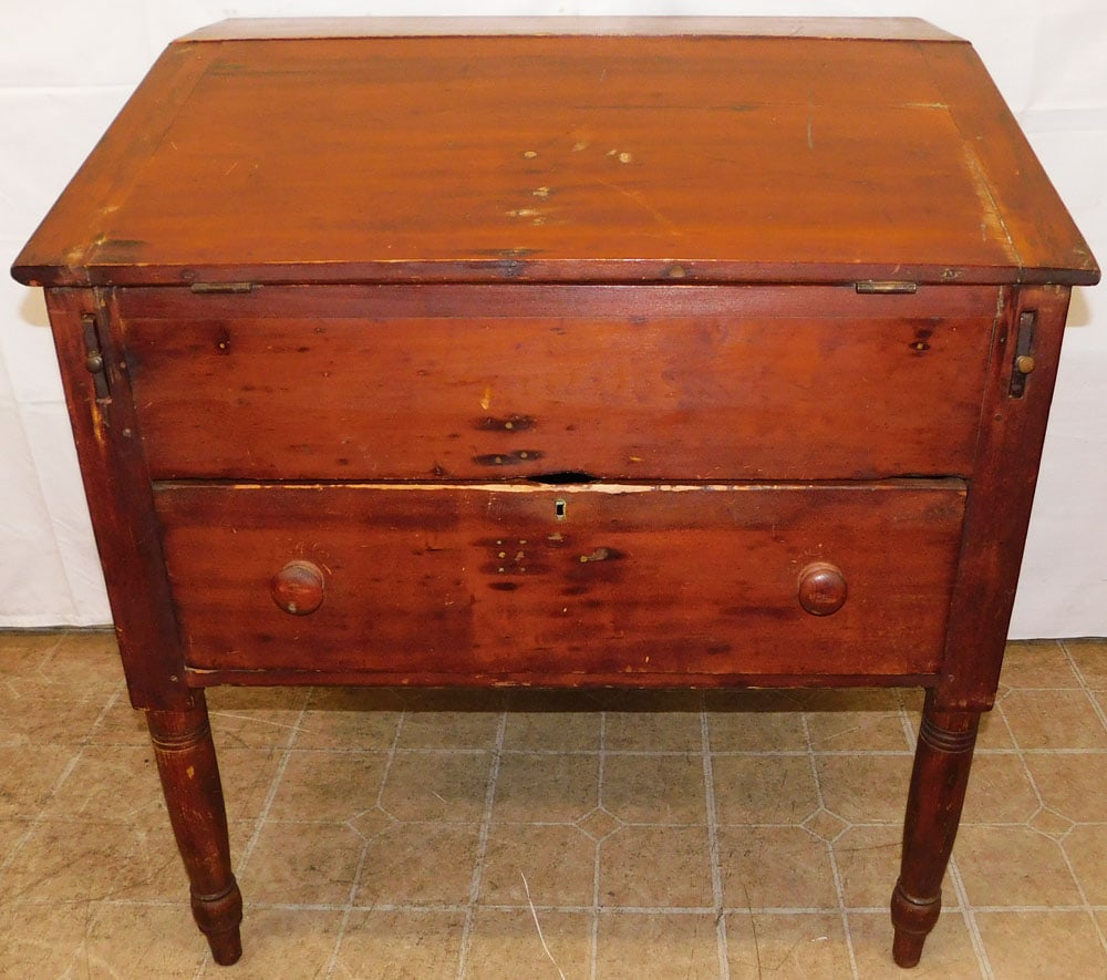 Antique Cherry School Masters Desk: Antique Cherry School Masters Desk . 37 3/4" H 35 3/4" W 27" D ALL DESCRIPTIONS AND ANY CONDITION STATEMENT GIVEN BY LANGSTON AUCTION GALLERY ARE STRICTLY OPINIONS AND LANGSTON'S SHALL HAVE NO