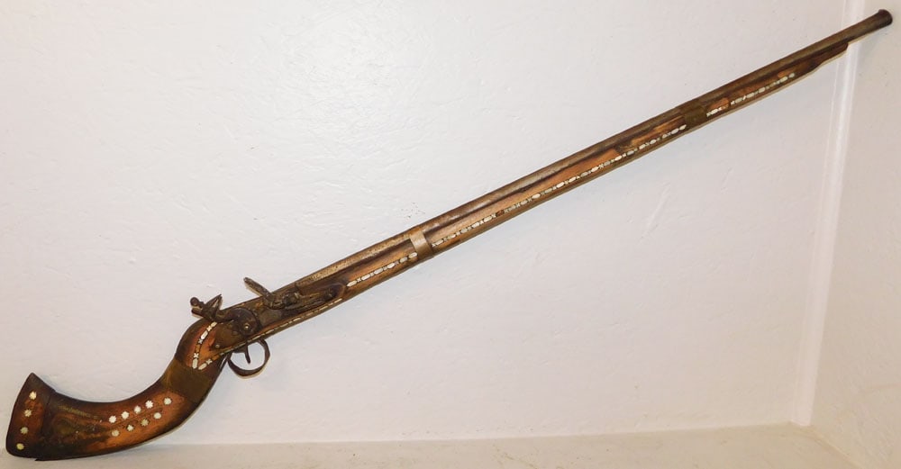 Mother of Pearl Inlaid Percussion Rifle: Mother of Pearl Inlaid Percussion Rifle. 52" L ALL DESCRIPTIONS AND ANY CONDITION STATEMENT GIVEN BY LANGSTON AUCTION GALLERY ARE STRICTLY OPINIONS AND LANGSTON'S SHALL HAVE NO RESPONSIBILITY FOR